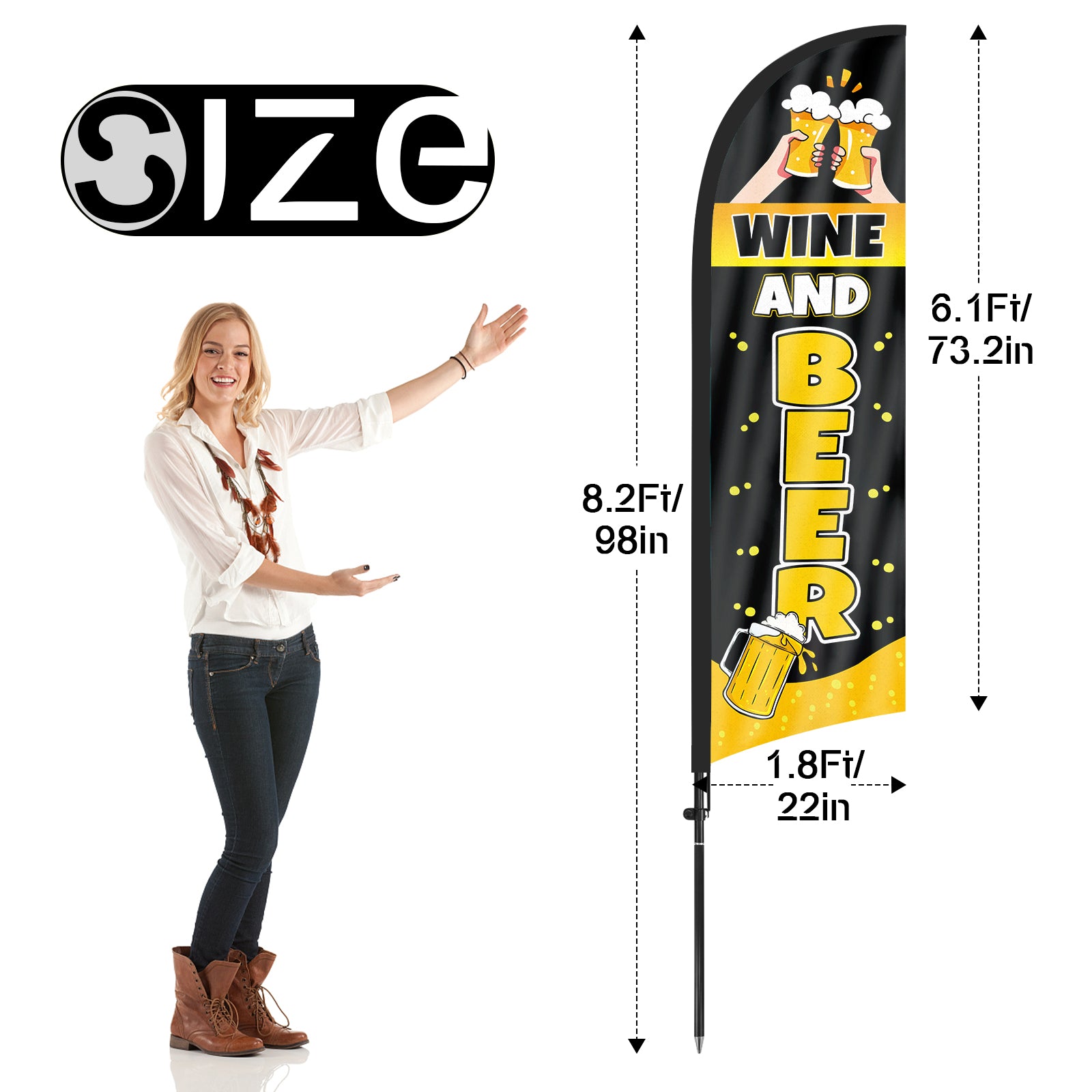 8ft Wine And Beer Black Feather Flag with Pole and Stake