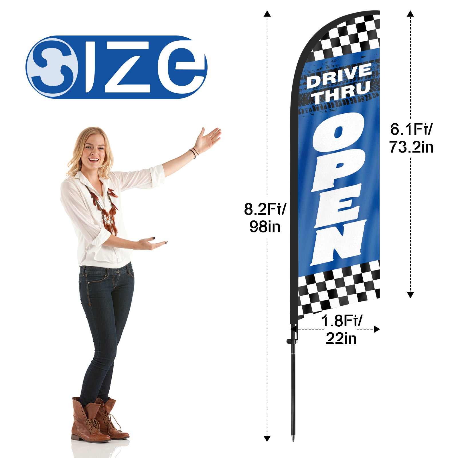 8ft Drive Thru Open Restaurant Feather Flag with Pole and Stake
