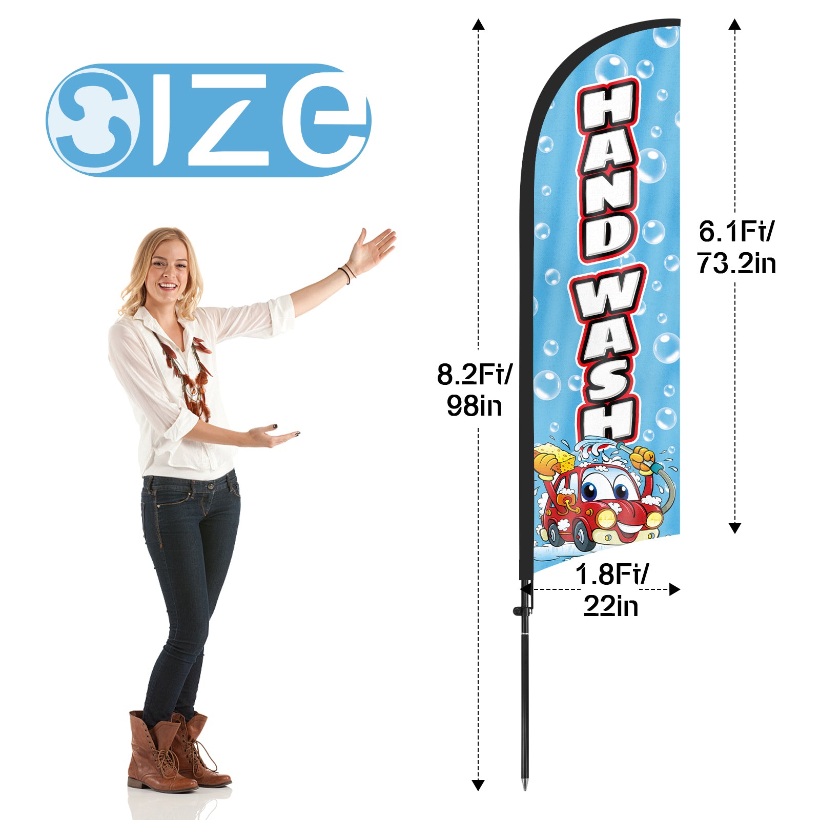 8Ft Hand Wash Feather Flag with Pole & Stake