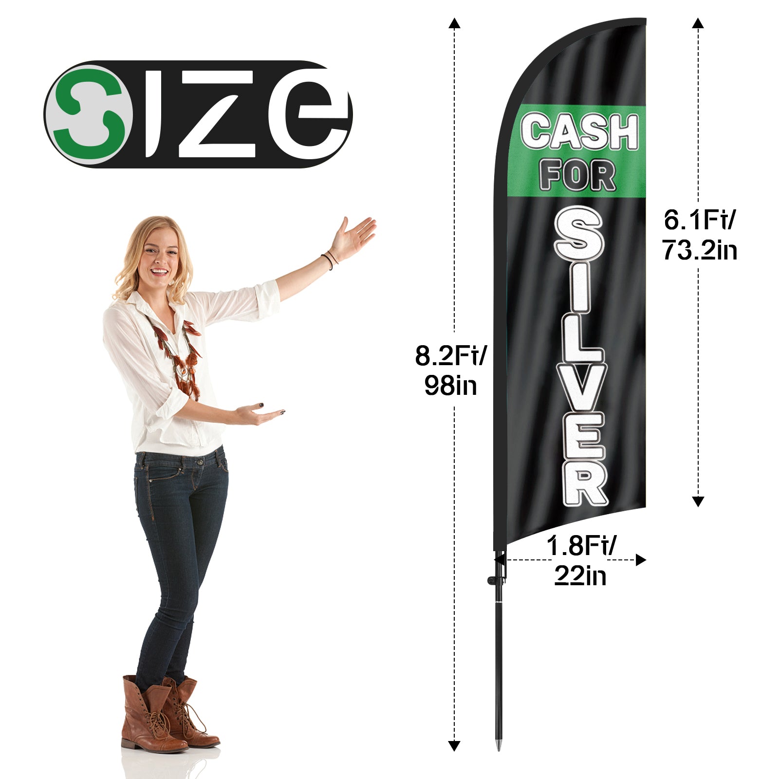 8Ft Cash Silver Feather Flag with Flag Pole and Ground Stake