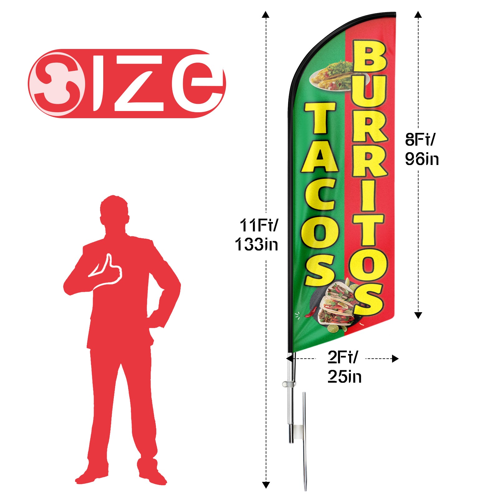 11ft Tacos Burritos Feather Flag with Flag Pole and Ground Stake