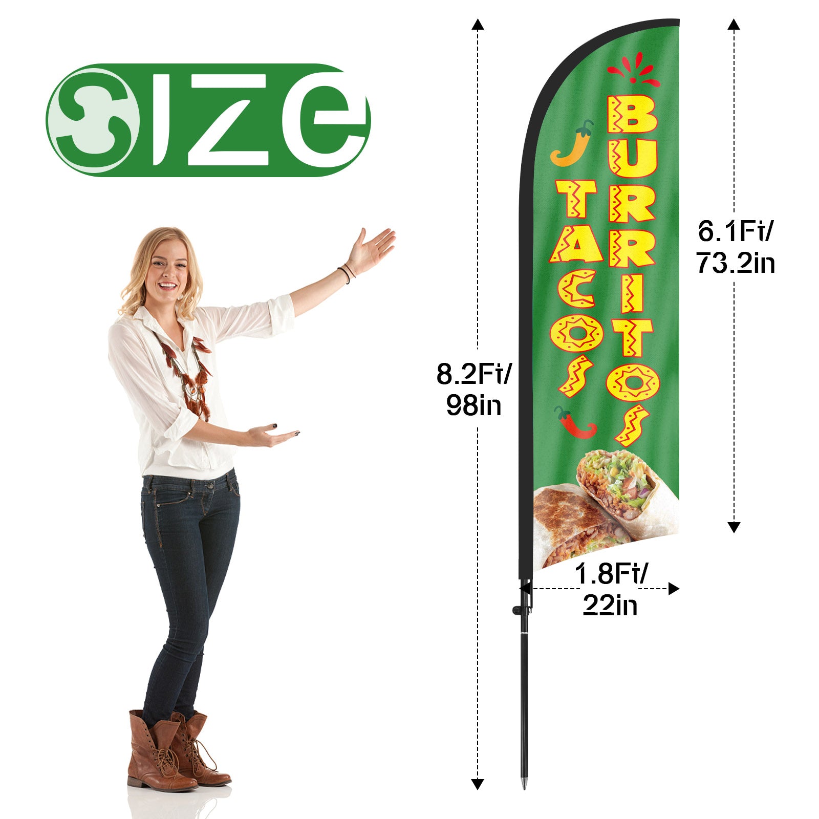 8ft Tacos Burritos Green Feather Flag Pole Kit