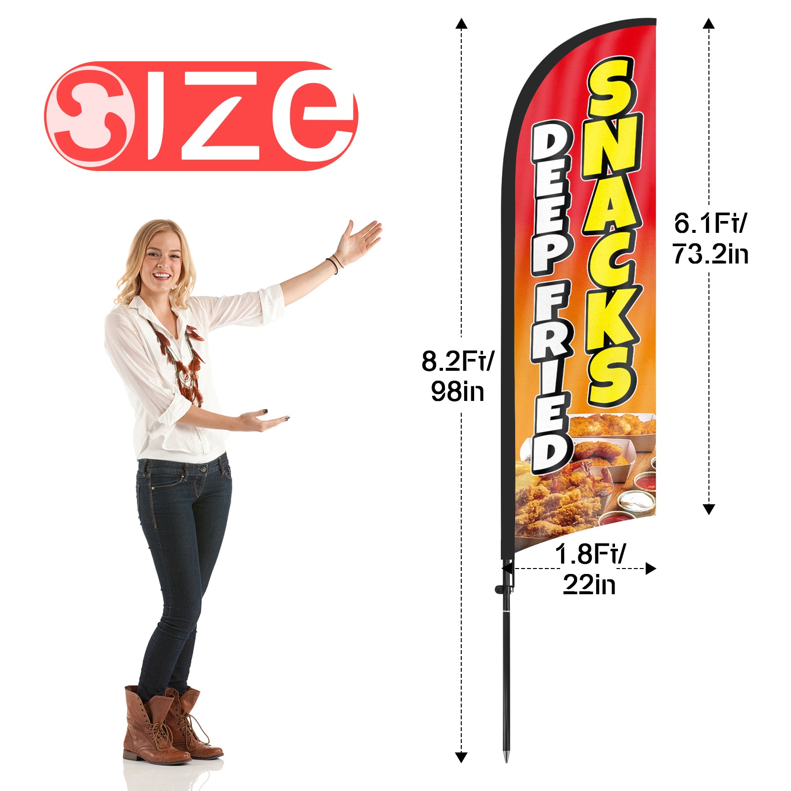 8ft Deep Fried Snacks Red Feather Flag with Pole and Stake