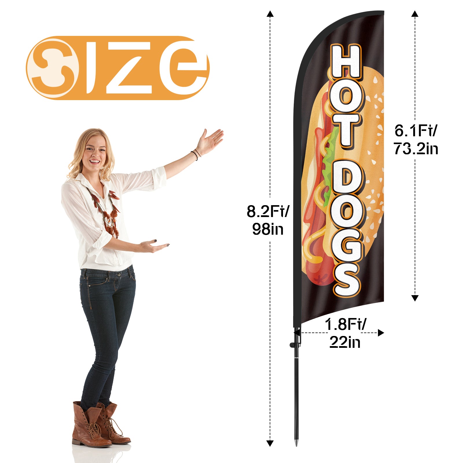 8ft Hot Dogs Black Feather Flag with Pole and Stake