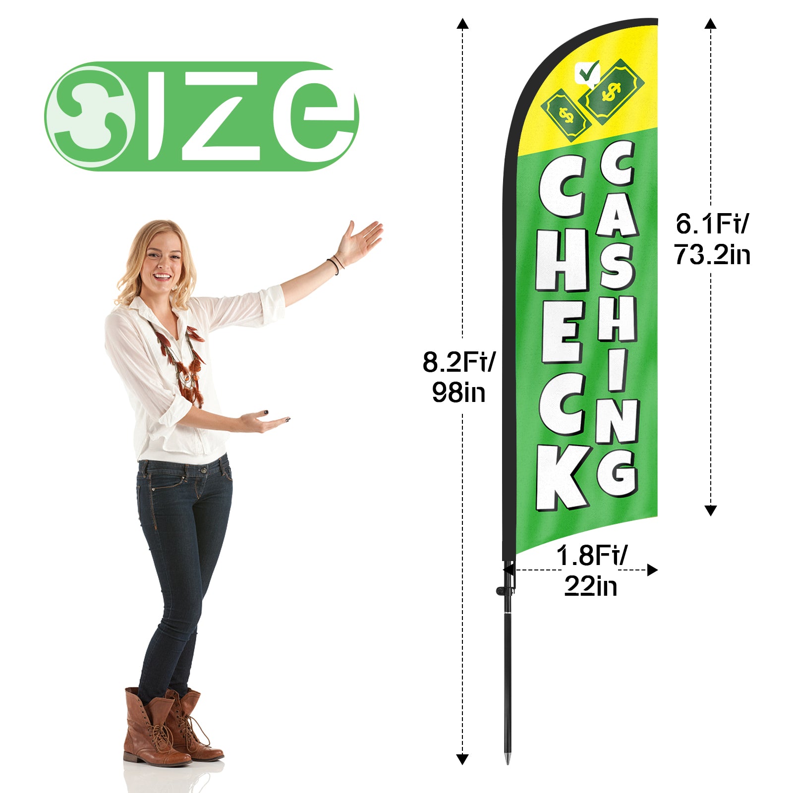 8ft Check Cashing Green Feather Flag with Pole and Stake