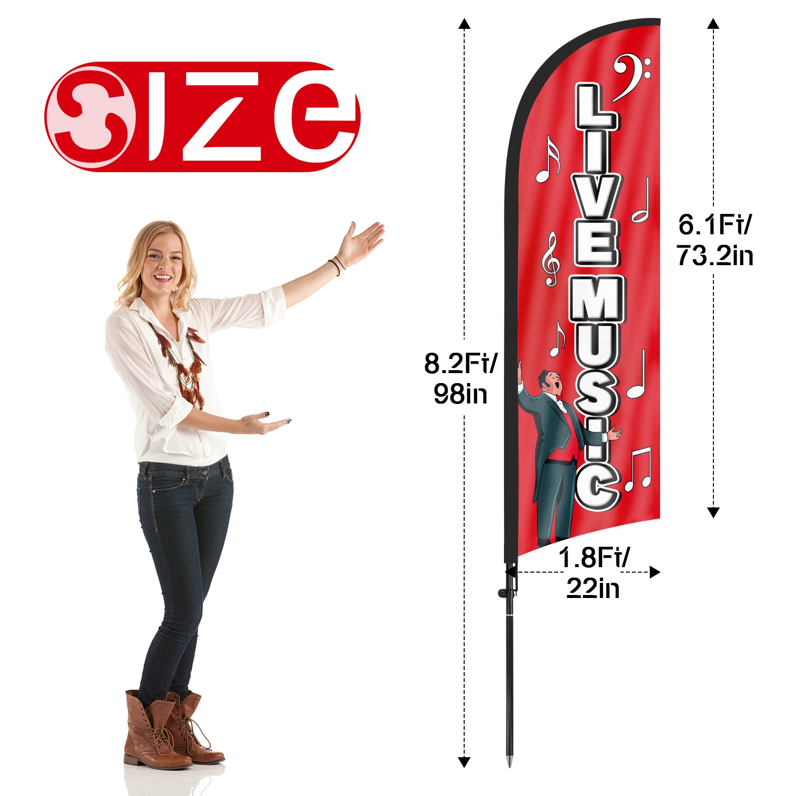 8Ft Live Music Feather Flag with Pole & Stake