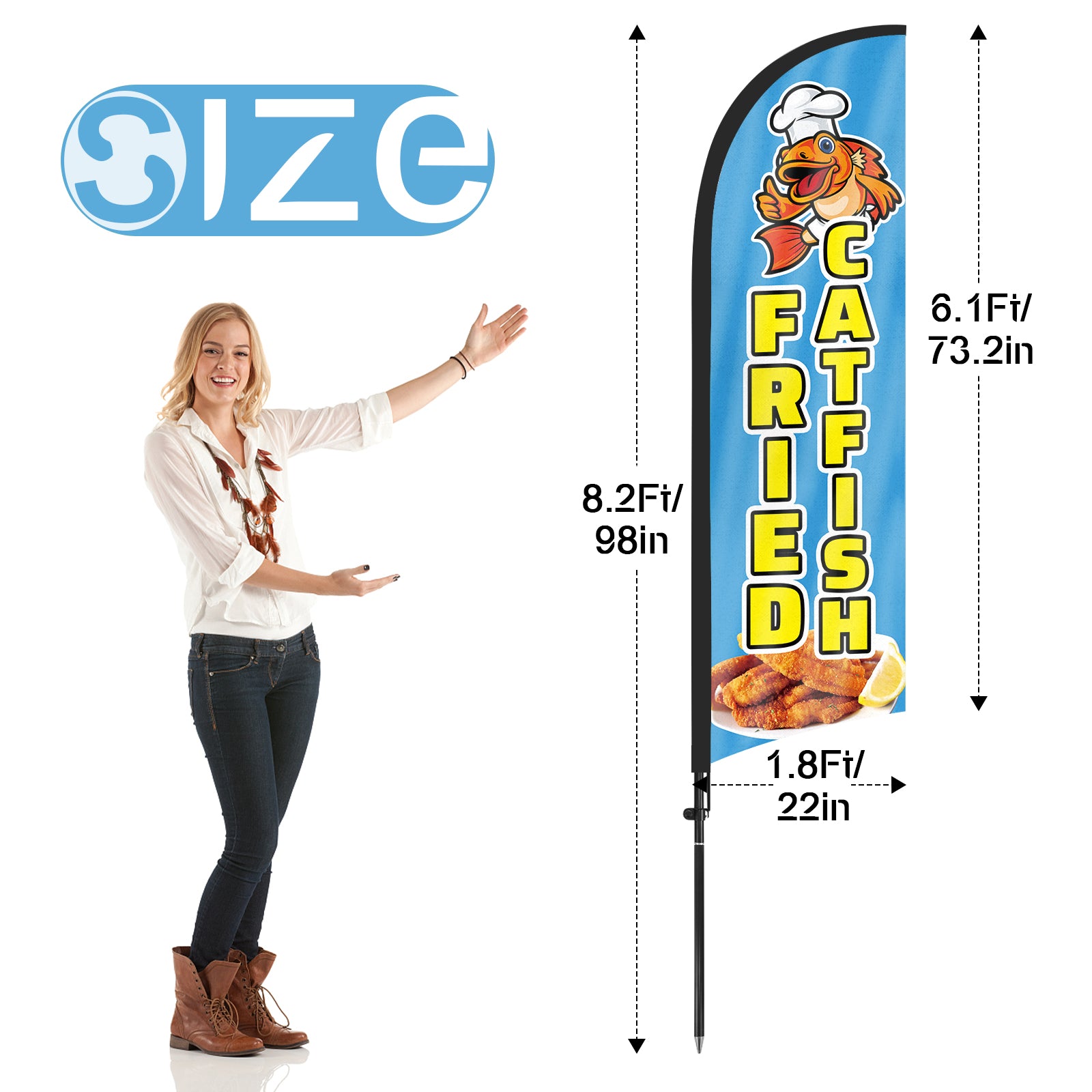 Fried Catfish Flag Kit-8ft Fried Catfish Feather Flag with Pole and Stake