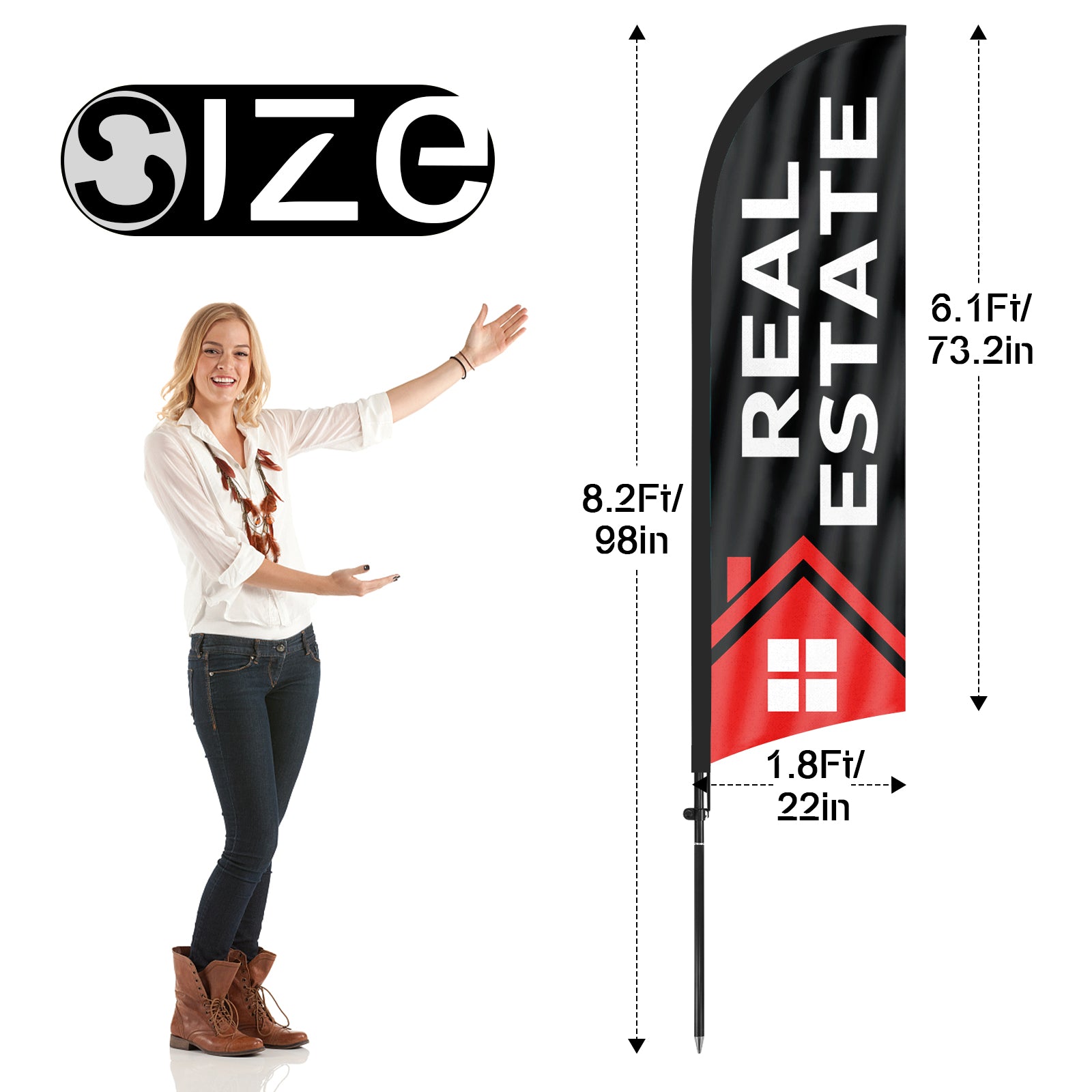 8Ft Real Estate Black Flag with Pole Kit and Ground stake
