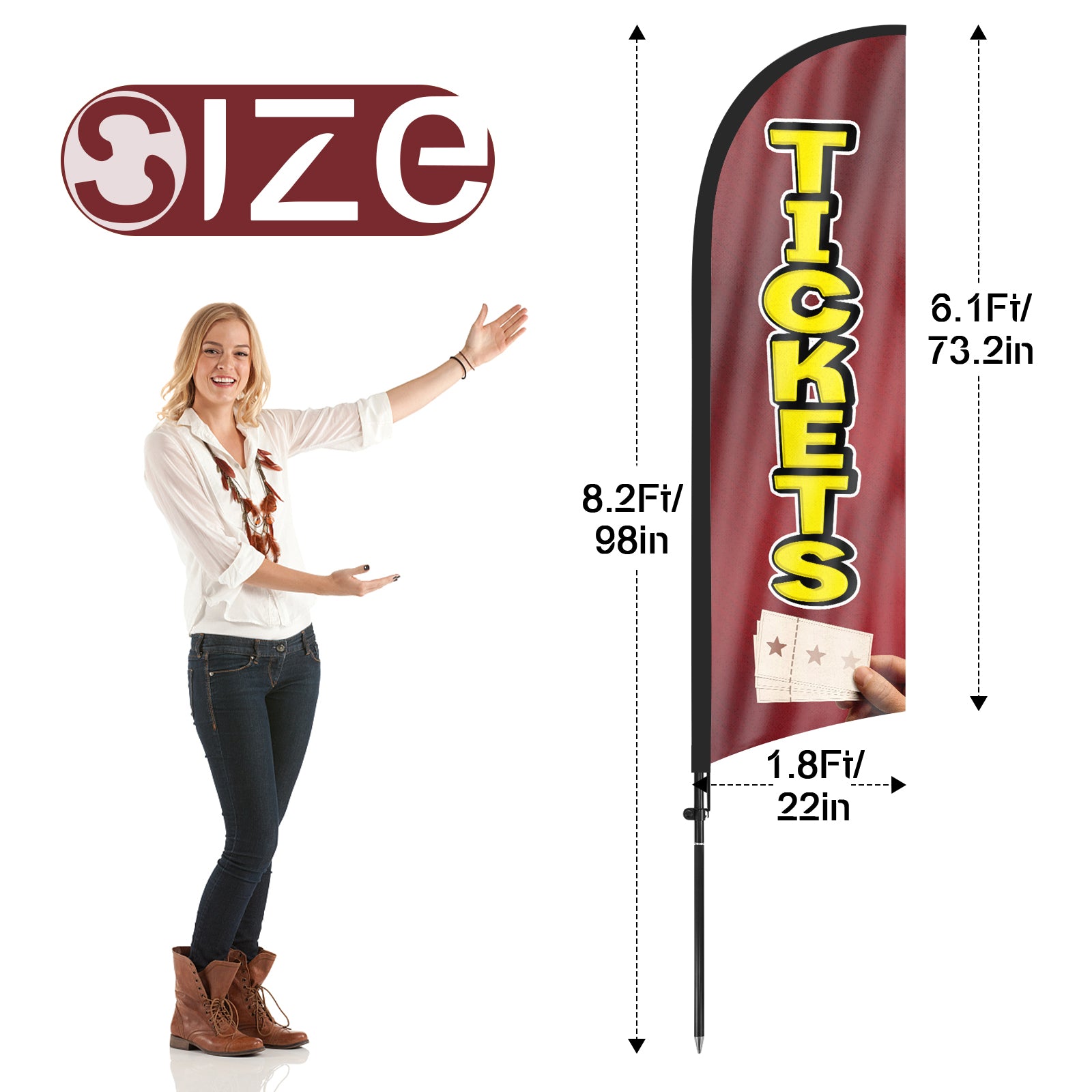 8Ft Tickets Feather Flag with Pole & Stake