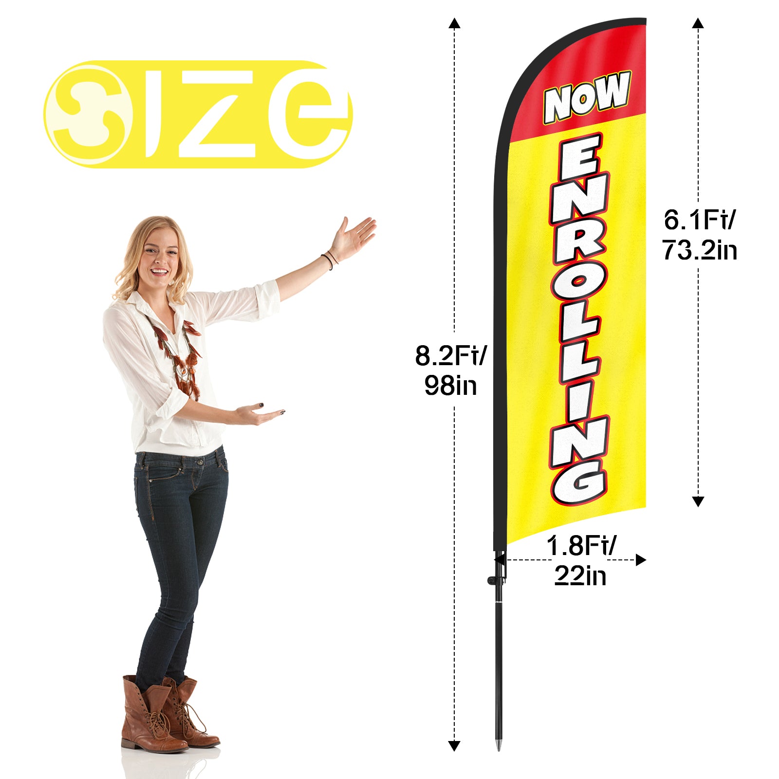 8ft Now Enrolling Yellow Feather Flag Pole Kit