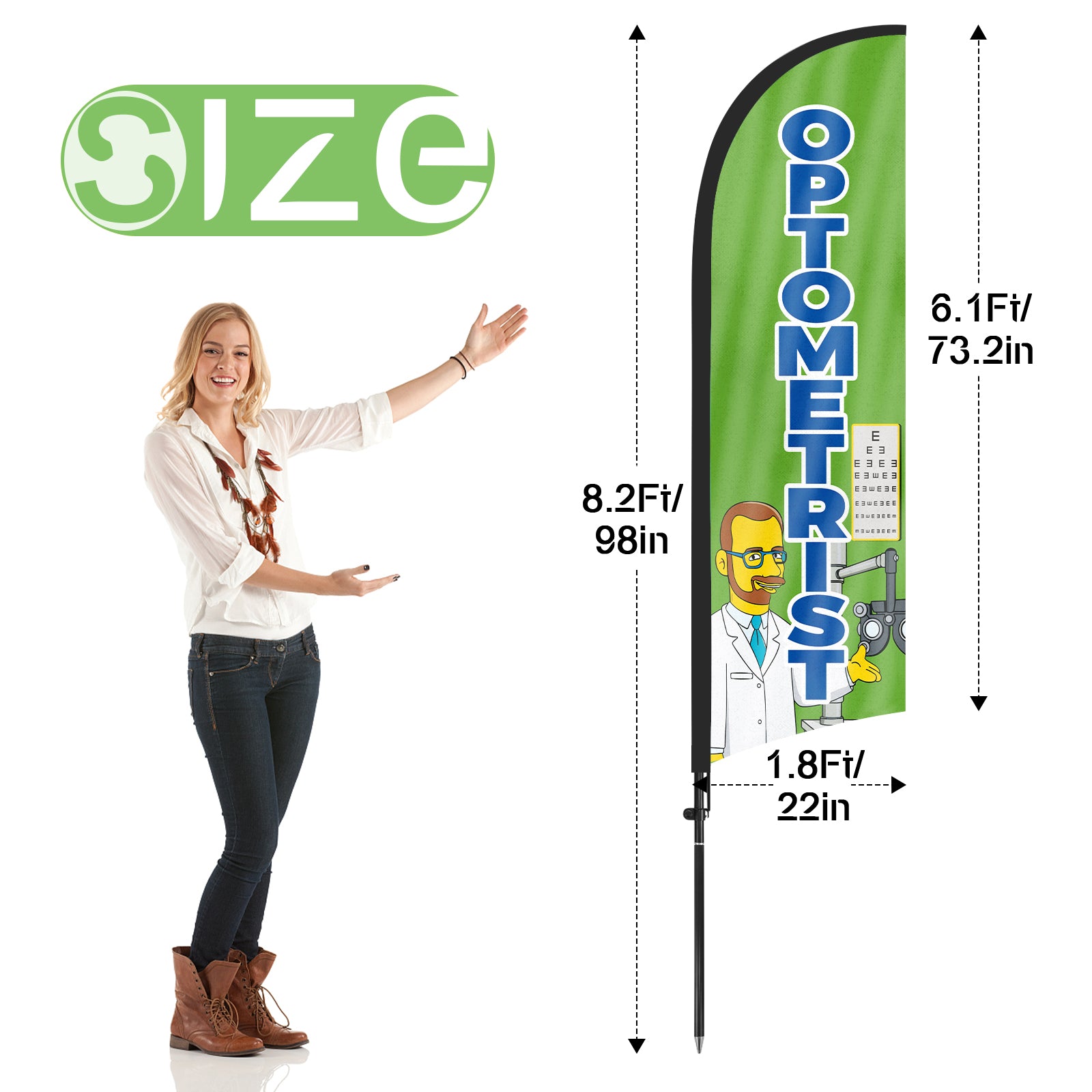 8Ft Optometrist Green Feather Flag with Pole & Stake