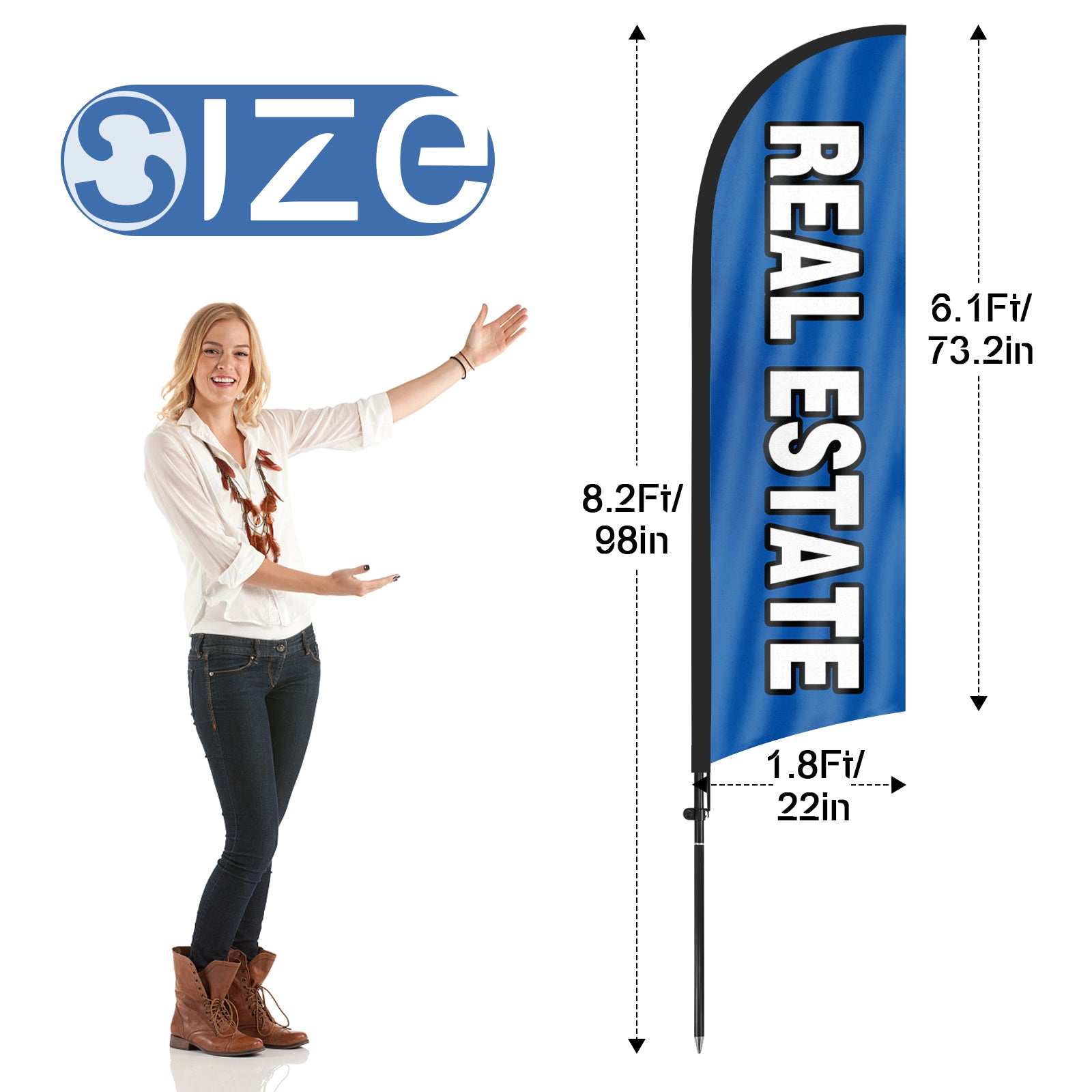 8Ft Real Estate Blue Flag with Pole Kit and Ground stake