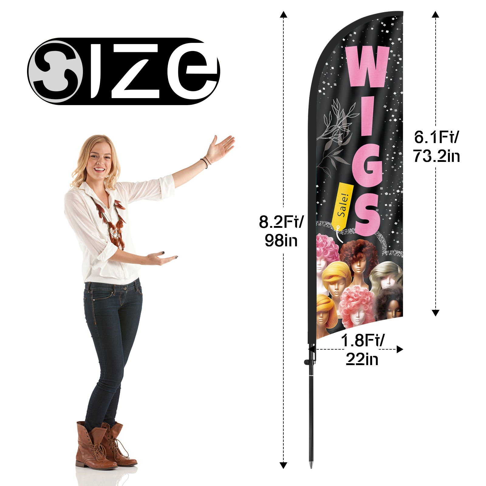 8ft Wigs Black Feather Flag with Pole and Stake