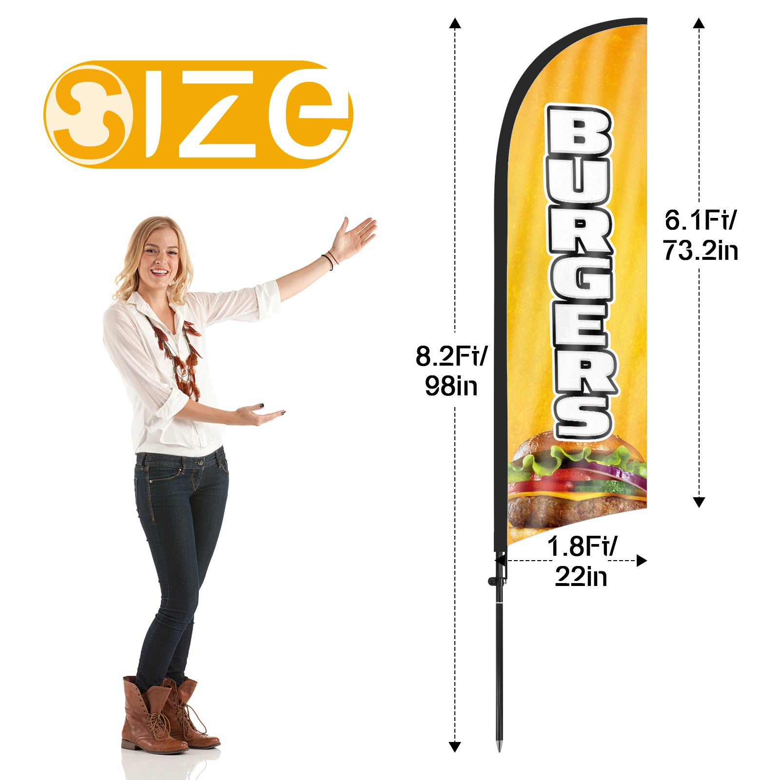 8ft Burgers Yellow Feather Flag with Pole and Stake