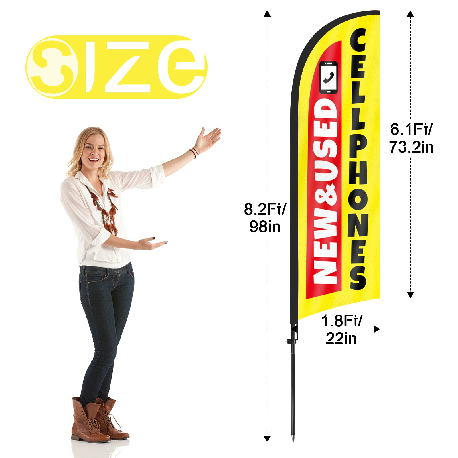 8Ft New&Used Cellphones Yellow Feather Flag with Pole & Stake