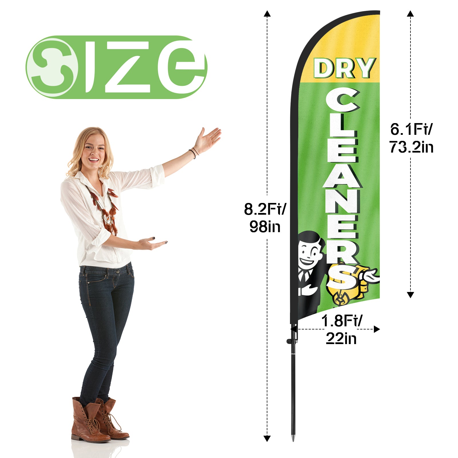 8Ft Dry Cleaners Green Feather Flag with Pole & Stake