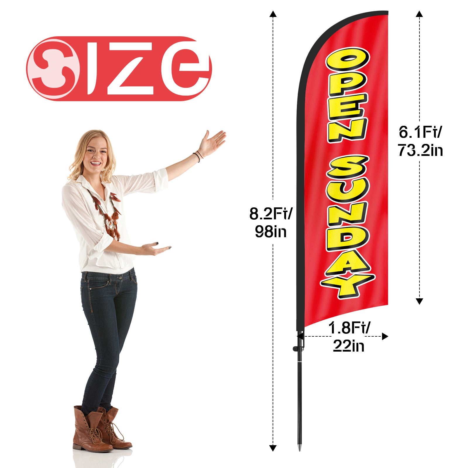 8Ft Red Open Sunday Feather Flag with Pole & Stake