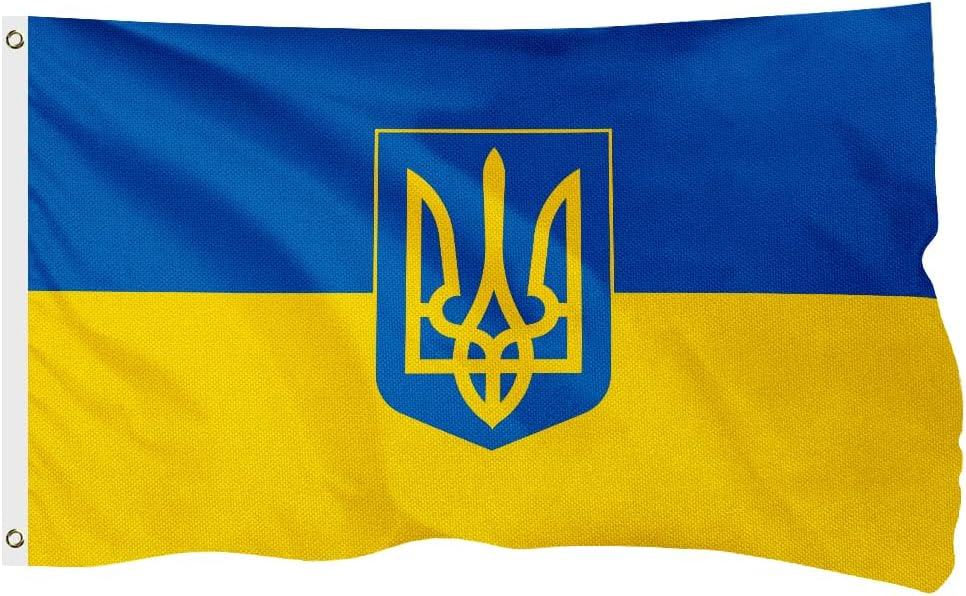 Ukraine Ukrainian Coat of Arms Flag for Outside, 400D Heavy Duty Polyester, Double-Sided Printing, Quadruple Stitched Fly Hem, Fade Resistant, 2 Brass Grommets