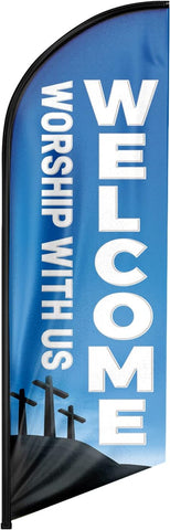 Welcome Worship With Us Feather Flag: Advertising Banner for Welcome Worship With Us Business (8ft, Blue)