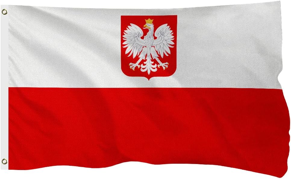 Poland Polish Ensign Flag for Outside, 400D Heavy Duty Polyester, Double-Sided Printing, Quadruple Stitched Fly Hem, Fade Resistant, 2 Brass Grommets
