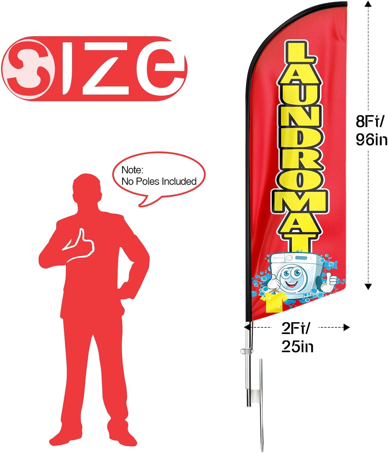 Laundromat Signs-8ft Red Laundromat Feather Flag Pole Kit for Laundromat Business（Flagpole Not Included）