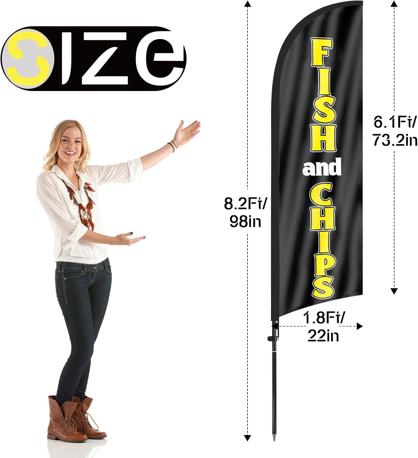 Fish and Chips Sign Flag Kit-8ft Fish and Chips Feather with Pole and Stake