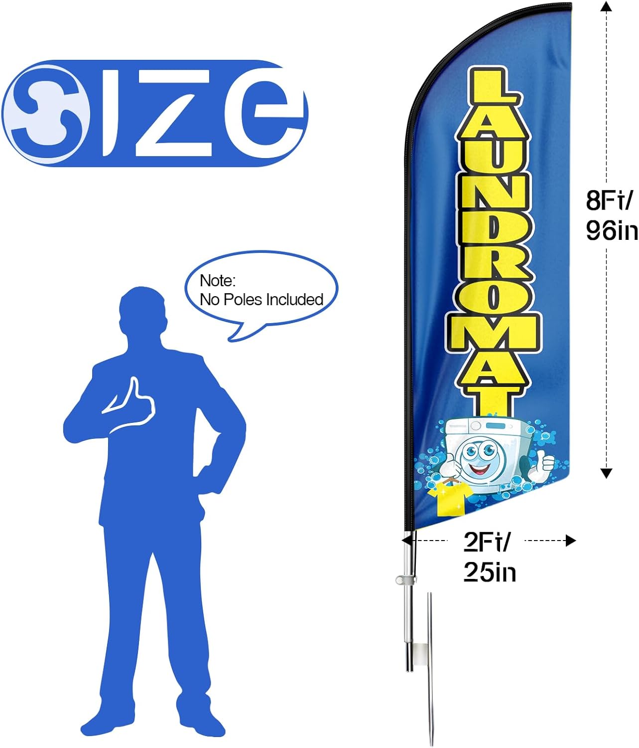 Laundromat Signs-8ft Blue Laundromat Feather Flag for Laundromat Business（Flagpole Not Included）