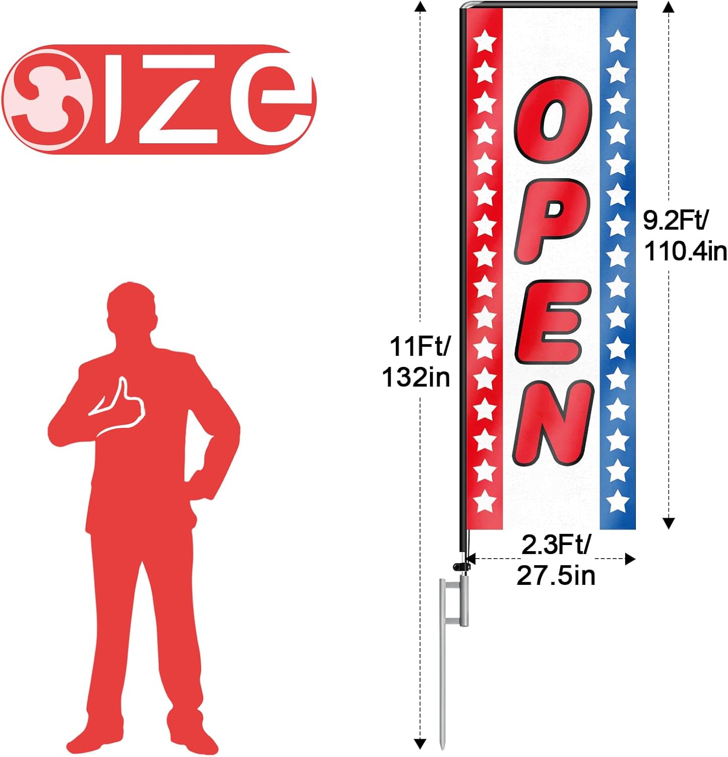 11FT Open Rectangle Flag Banners with Pole and Ground Stake (Red/Blue)