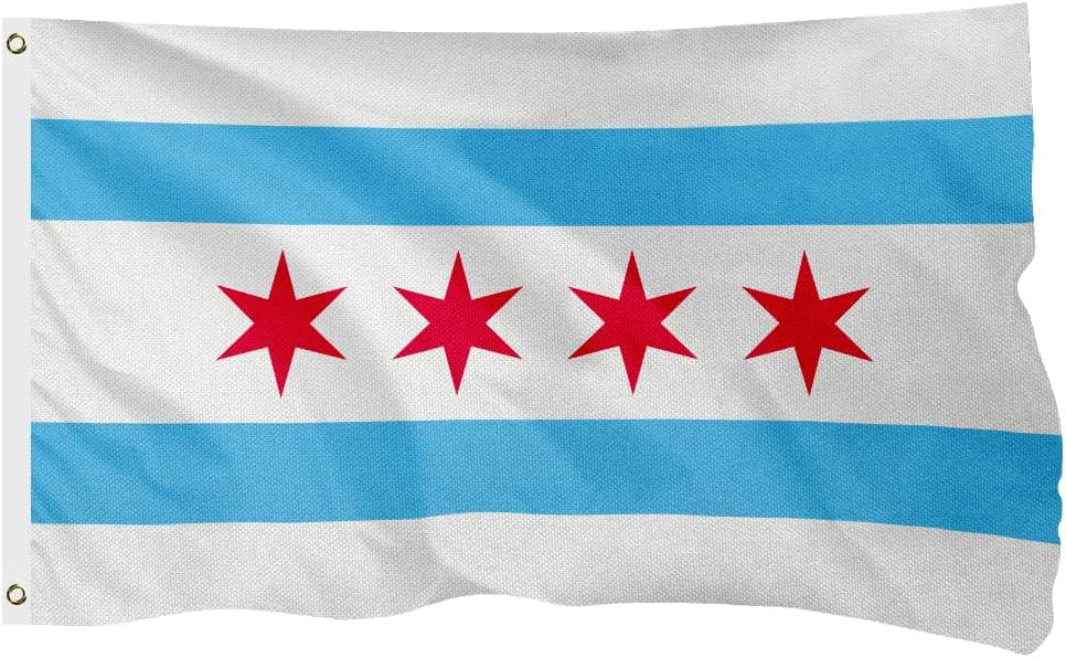 Chicago City Flag for Outside, 400D Heavy Duty Polyester, Double-Sided Printing, Quadruple Stitched Fly Hem, Fade Resistant, 2 Brass Grommets