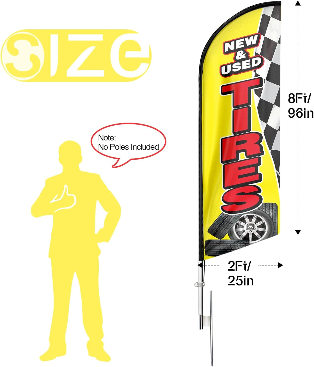 Tire Shop Flags-8ft Yellow New&Used Tires Feather Flag Pole Kit（Flagpole Not Included）