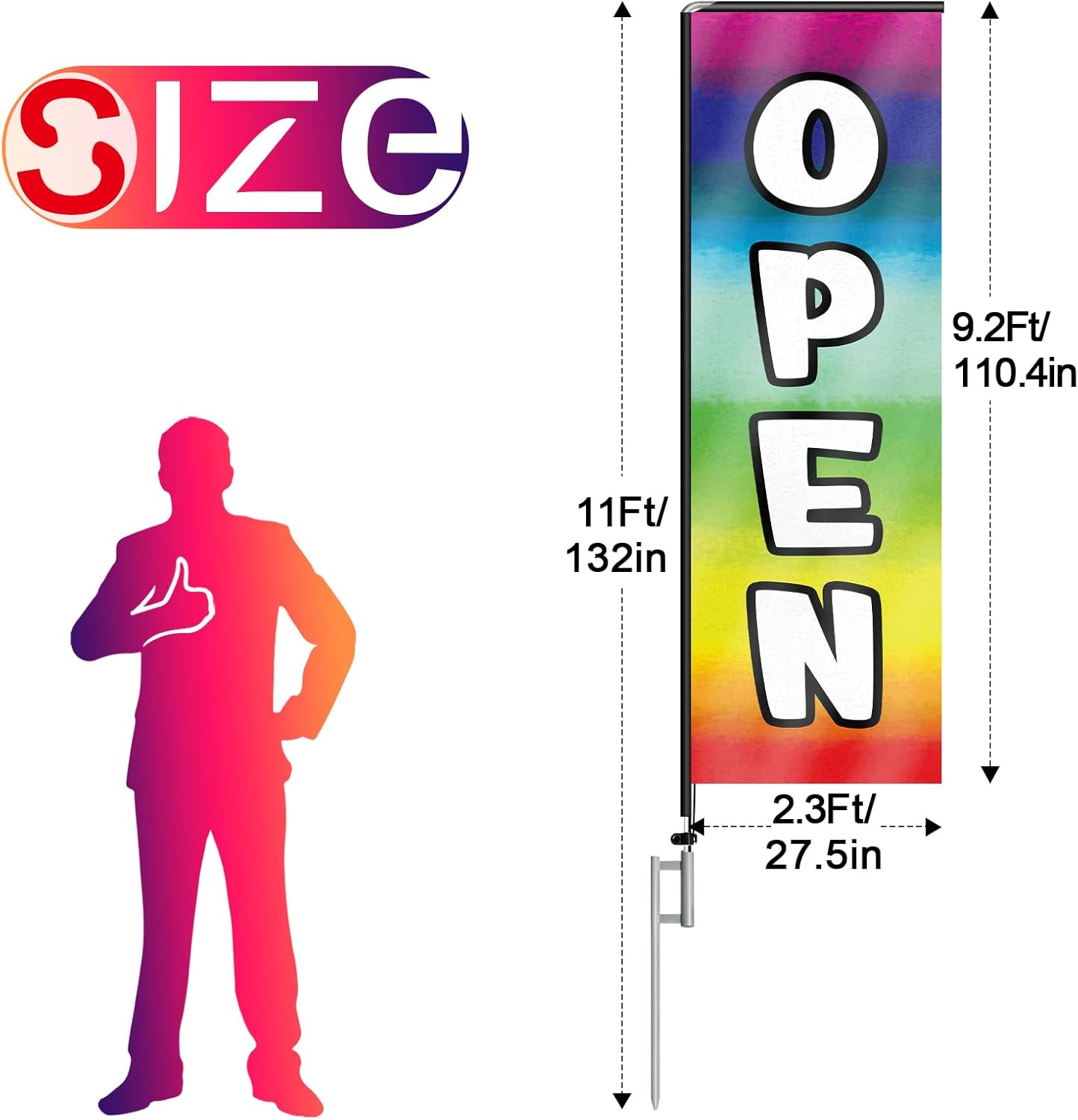 11FT Open Rectangle Flag Banners with Pole and Ground Stake (Multicolor)