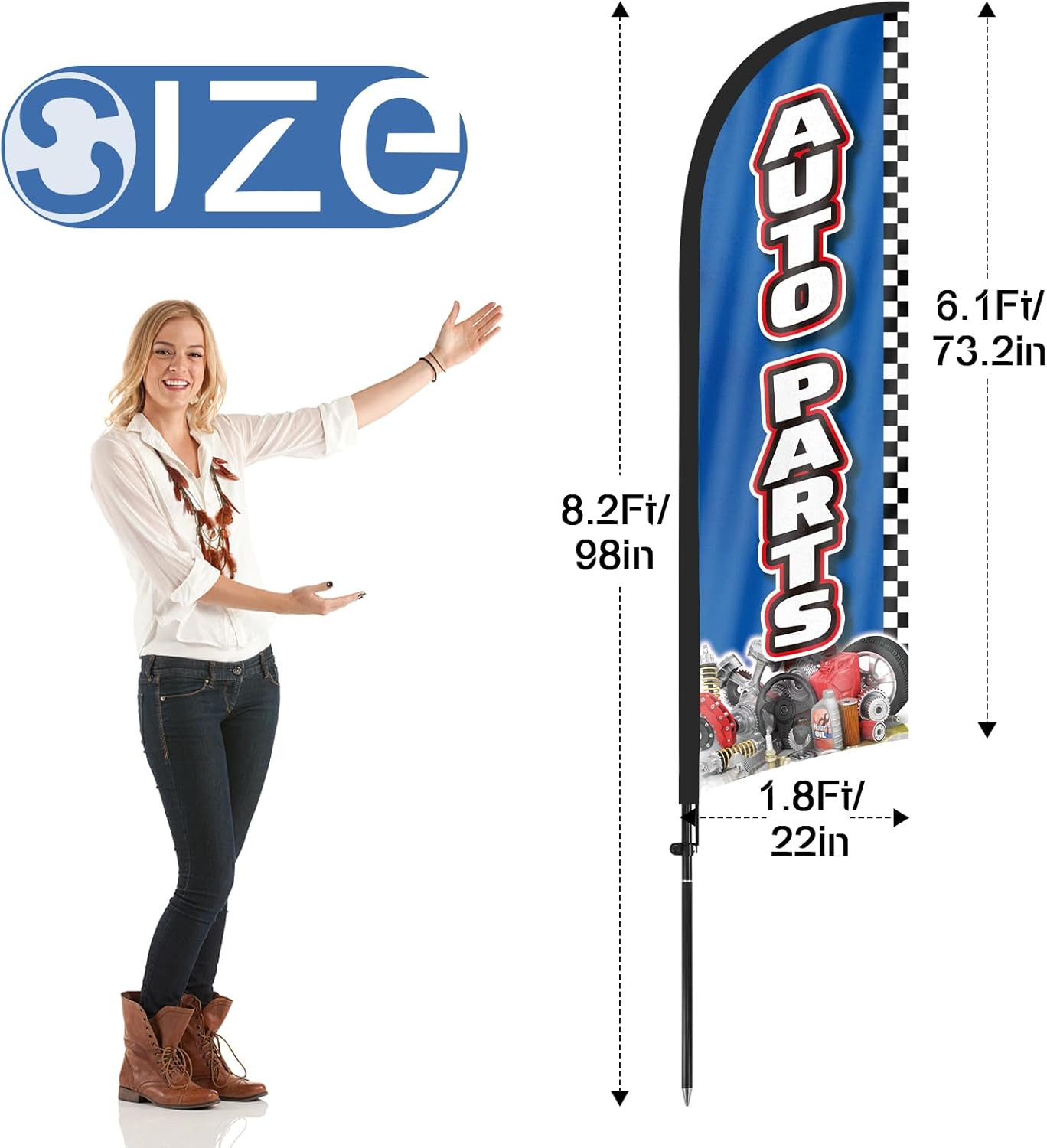 8Ft Auto Parts Blue Feather Flag with Pole & Stake