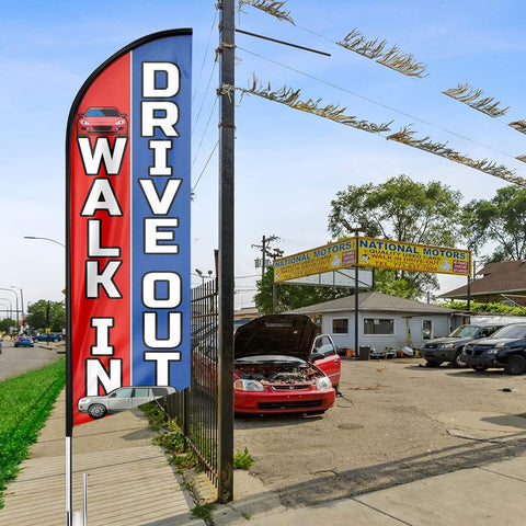 Walk In Drive Out Feather Flag: Advertising Banner for Walk In Drive Out Business (8ft)