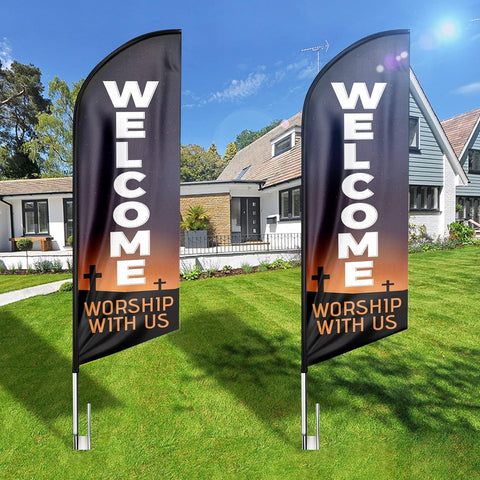 Welcome Worship With Us Feather Flag: Advertising Banner for Welcome Worship With Us Business (8ft, Black)