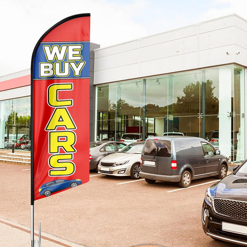 We Buy Cars Feather Flag: Advertising Banner for We Buy Cars Business (8ft)