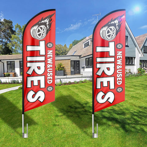 New and Used Tires Feather Flag: Advertising Banner for New and Used Tires Business (8ft, White)