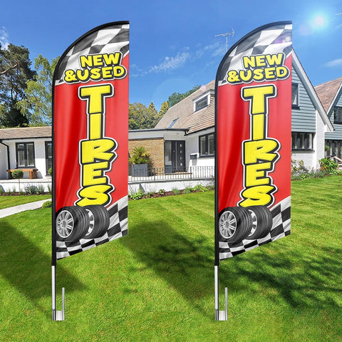 New and Used Tires Feather Flag: Advertising Banner for New and Used Tires Business (8ft, Red)
