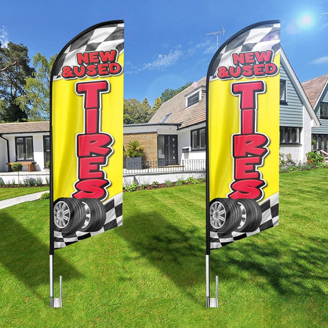 New and Used Tires Feather Flag: Advertising Banner for New and Used Tires Business (8ft, Yellow)
