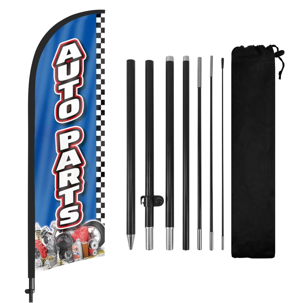 8Ft Auto Parts Blue Feather Flag with Pole & Stake