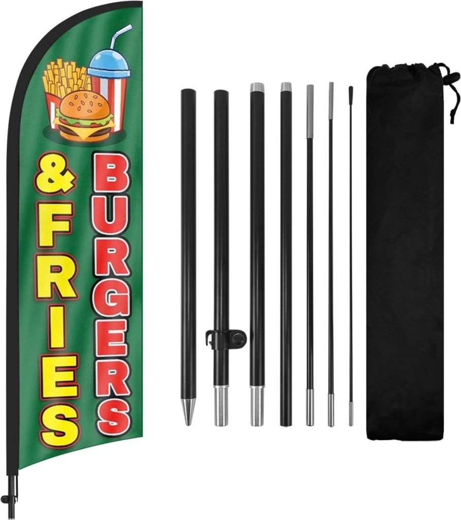 8ft Burgers and Fries Feather Flag Kit - Advertising Banner with Pole and Stake - FSFlag