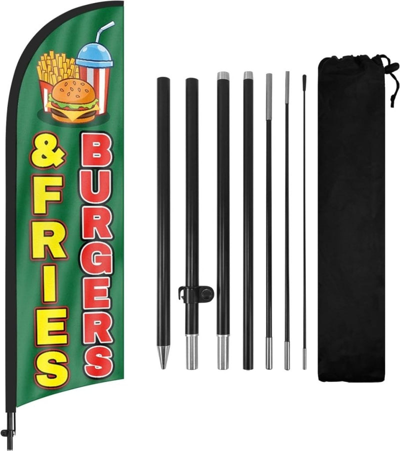 8ft Burgers and Fries Feather Flag Kit - Advertising Banner with Pole and Stake - FSFlag