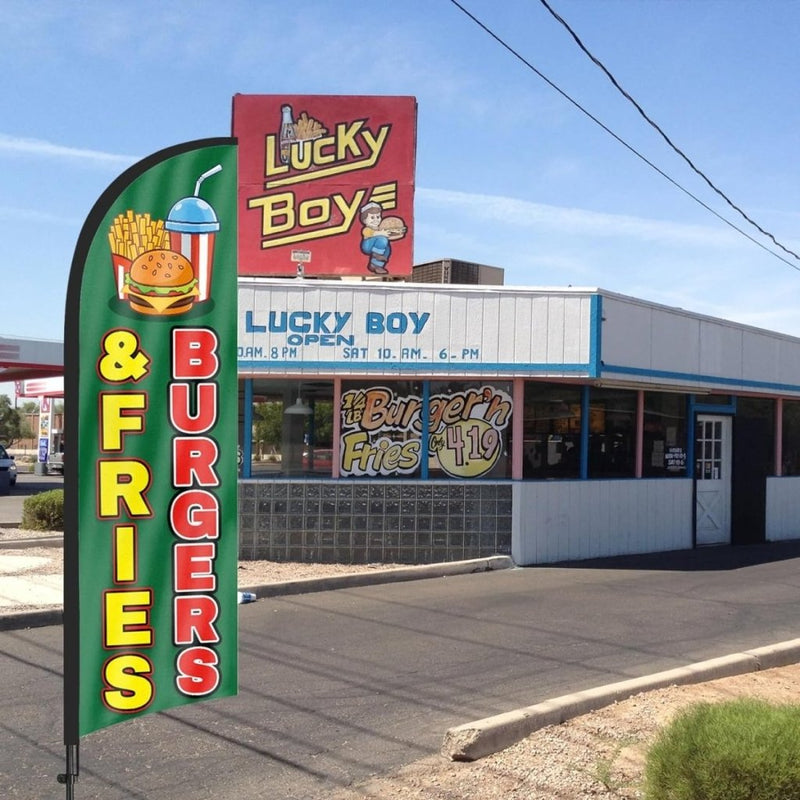 8ft Burgers and Fries Feather Flag Kit - Advertising Banner with Pole and Stake - FSFlag