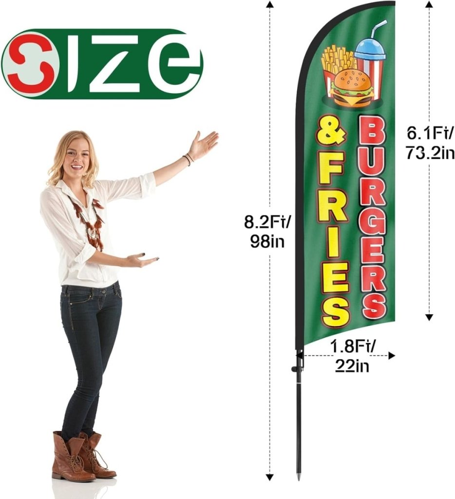 8ft Burgers and Fries Feather Flag Kit - Advertising Banner with Pole and Stake - FSFlag