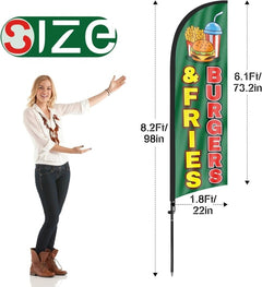8ft Burgers and Fries Feather Flag Kit - Advertising Banner with Pole and Stake - FSFlag