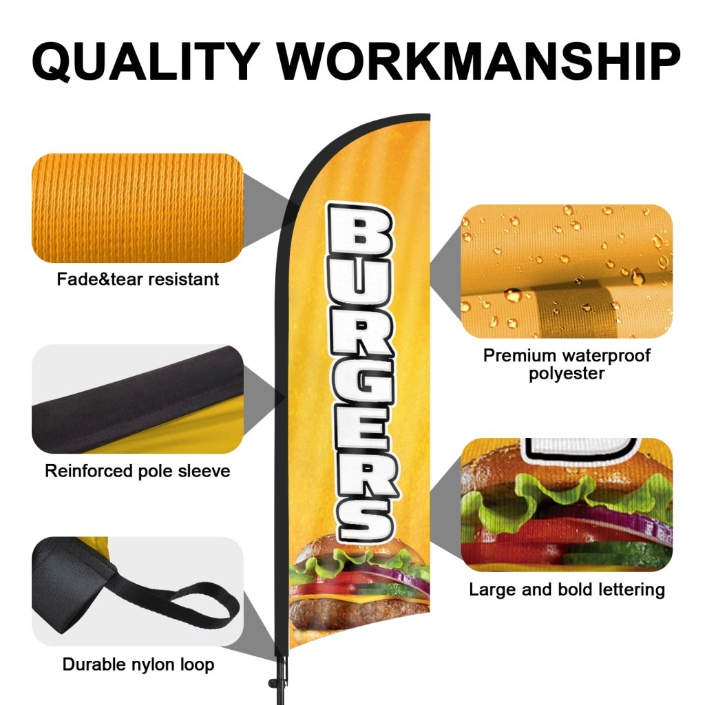 8ft Burgers Yellow Feather Flag with Pole and Stake