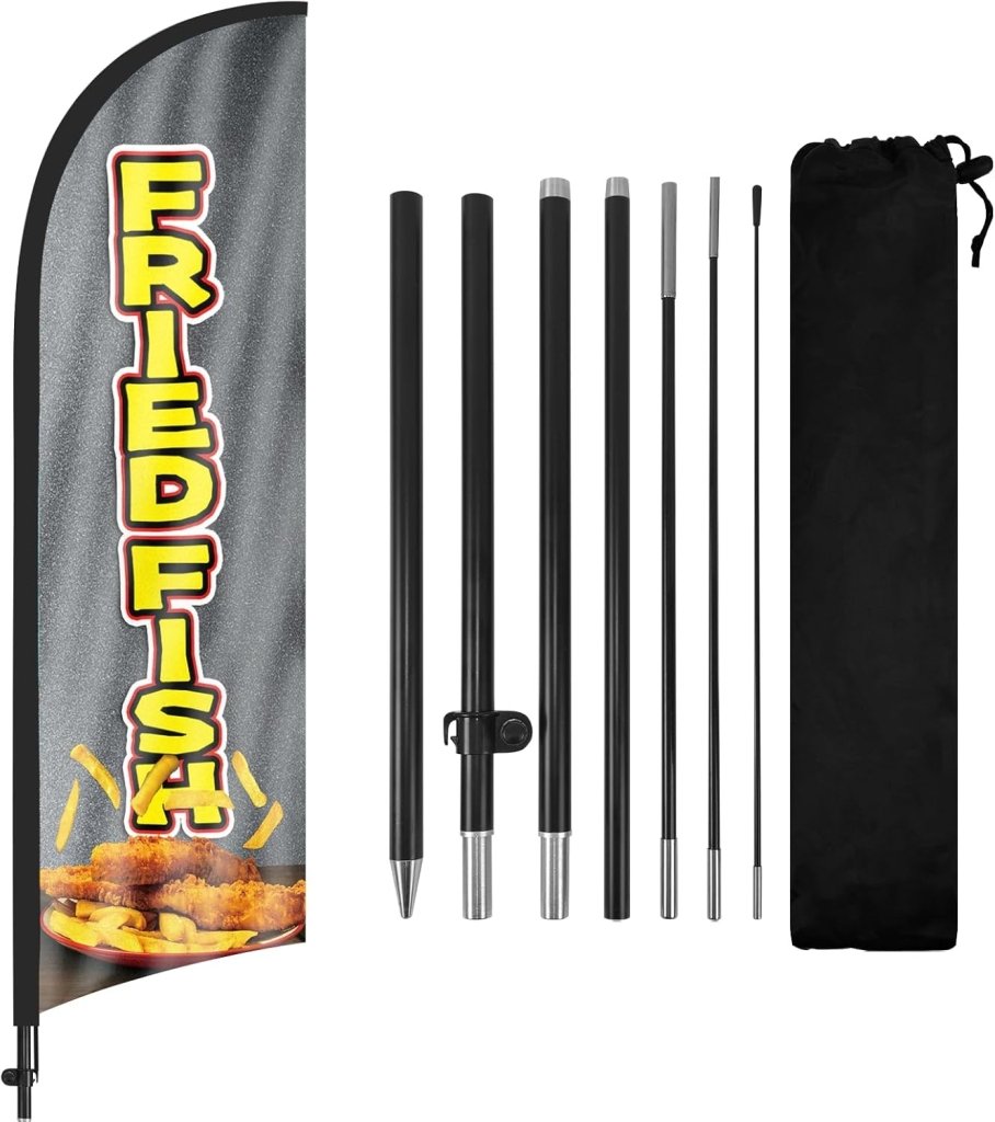 8ft Fried Fish Feather Flag Kit - Fish Fry Banner with Pole and Stake