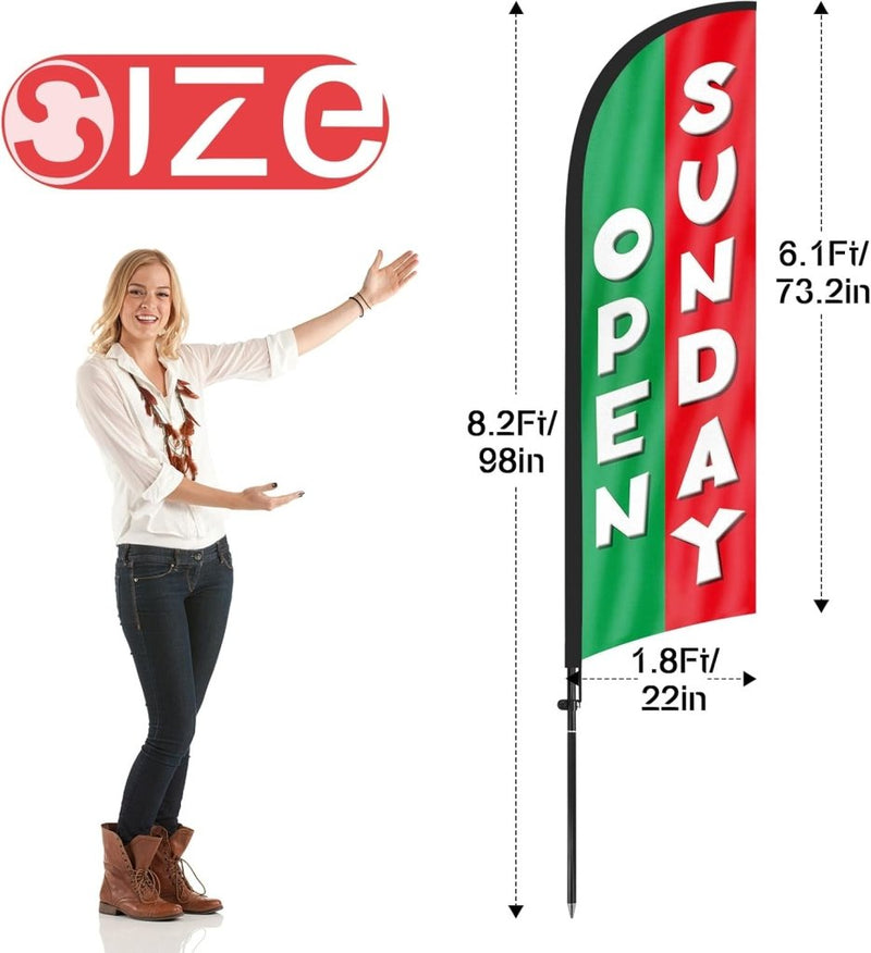 8Ft Green Open Sunday Feather Flag with Pole & Stake