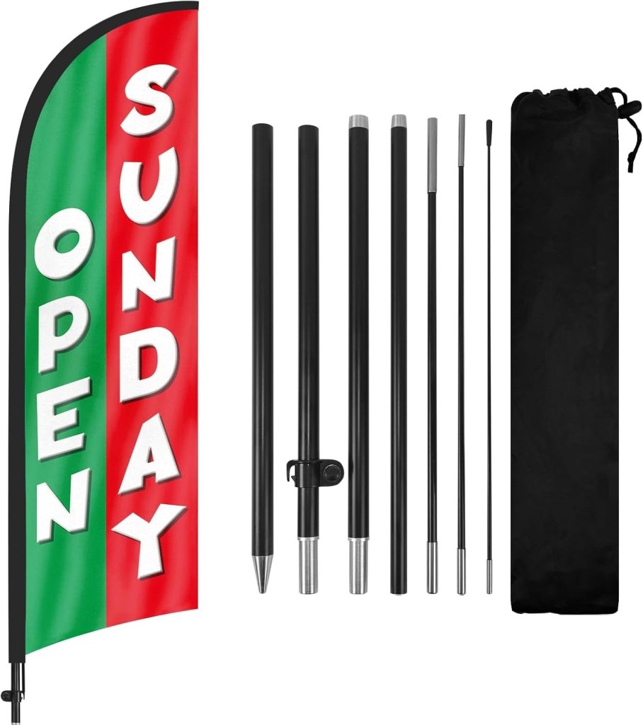 8Ft Green Open Sunday Feather Flag with Pole & Stake
