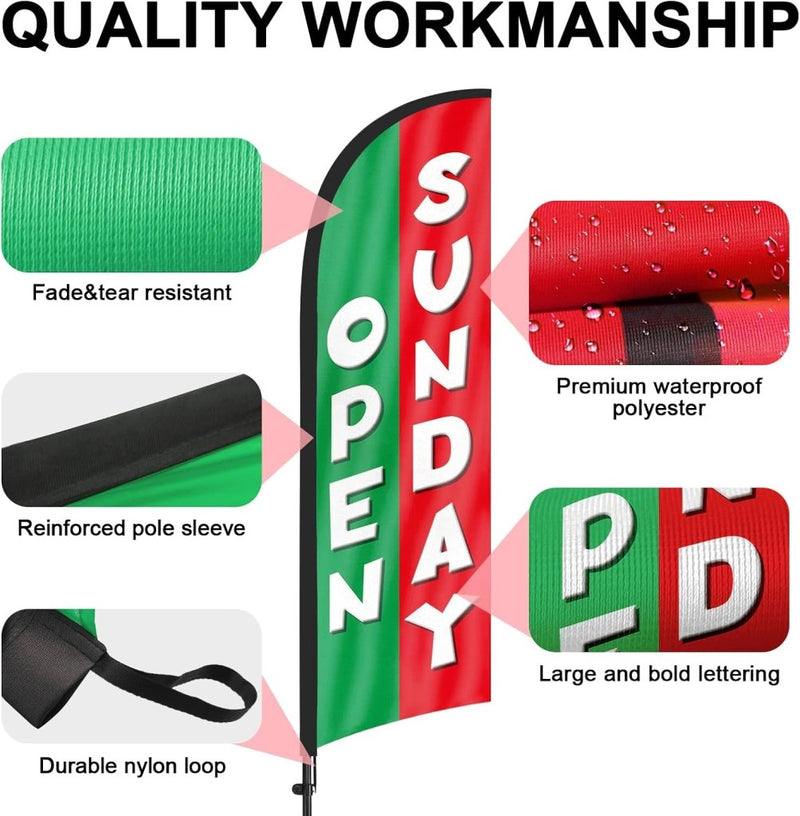 8Ft Green Open Sunday Feather Flag with Pole & Stake