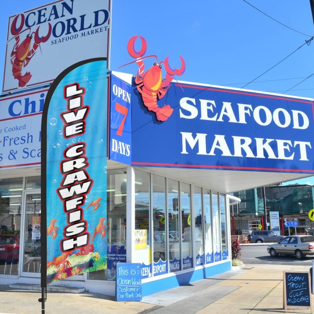 8ft Live Crawfish Feather Flags with Pole and Ground Stake